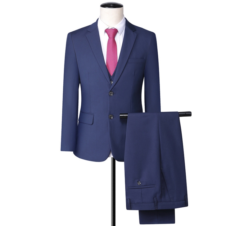 3 In 1 Men 2-Button Suit Handsome Slim Business Formal Suit Bank Sales Hotel Workwear, Size: S(Blazer+Shirt+Trousers Blue)