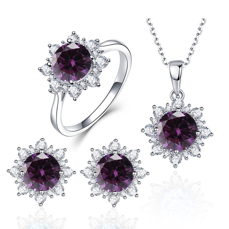 3 PCS/Set Snow Shape Gemstone Jewelry Set For Women, Ring Size:10(Purple)
