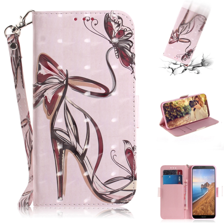 3D Painting Pattern Coloured Drawing Horizontal Flip Leather Case for Xiaomi Redmi 7A, with Holder & Card Slots & Wallet(Butterfly High Heels)