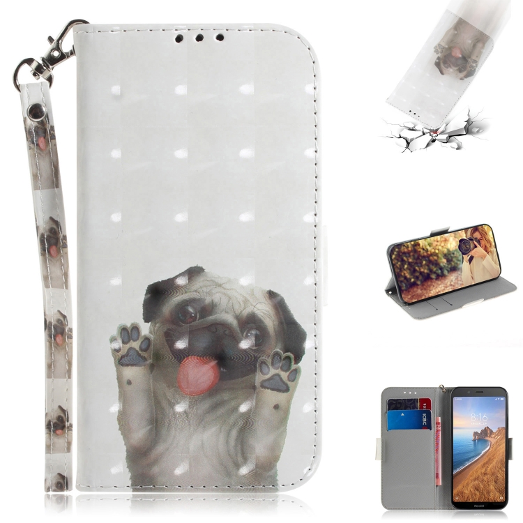 3D Painting Pattern Coloured Drawing Horizontal Flip Leather Case for Xiaomi Redmi 7A, with Holder & Card Slots & Wallet(Pug)