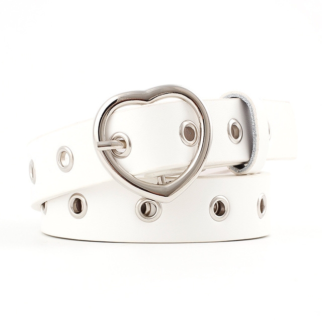 3PCS Narrow Thin Leather Silver Metal Heart Buckle Belts for Women, Belt Length:105cm(WHITE)