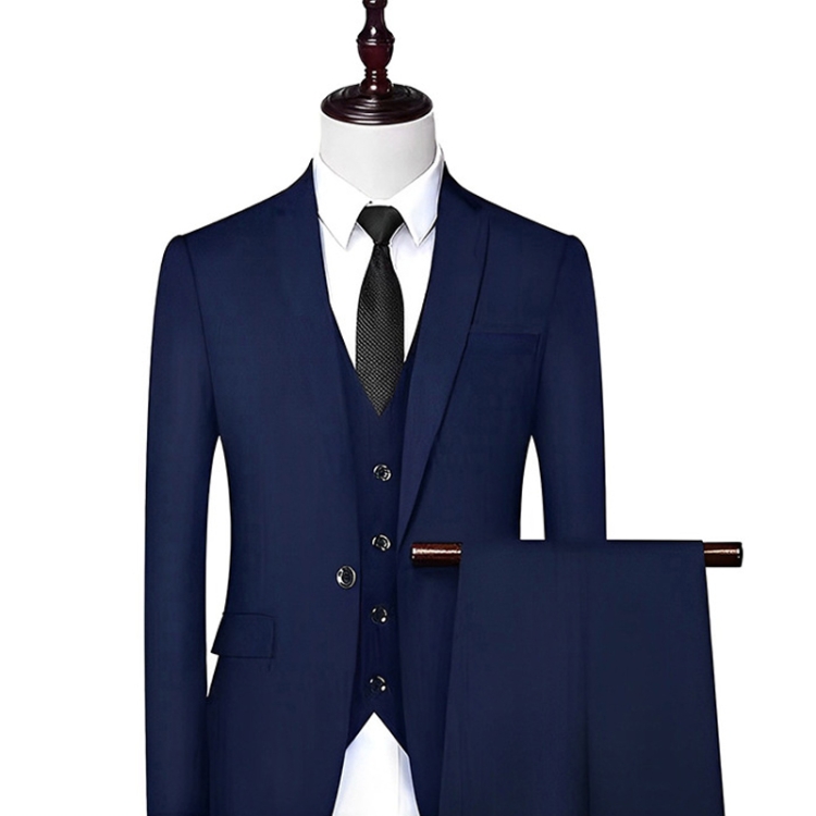 3pcs /Set Men Formal Business Suit Blazers Wedding Dress Groom Group Suits, Size: L(1 Button Navy Jacket+Shirt+Pants)