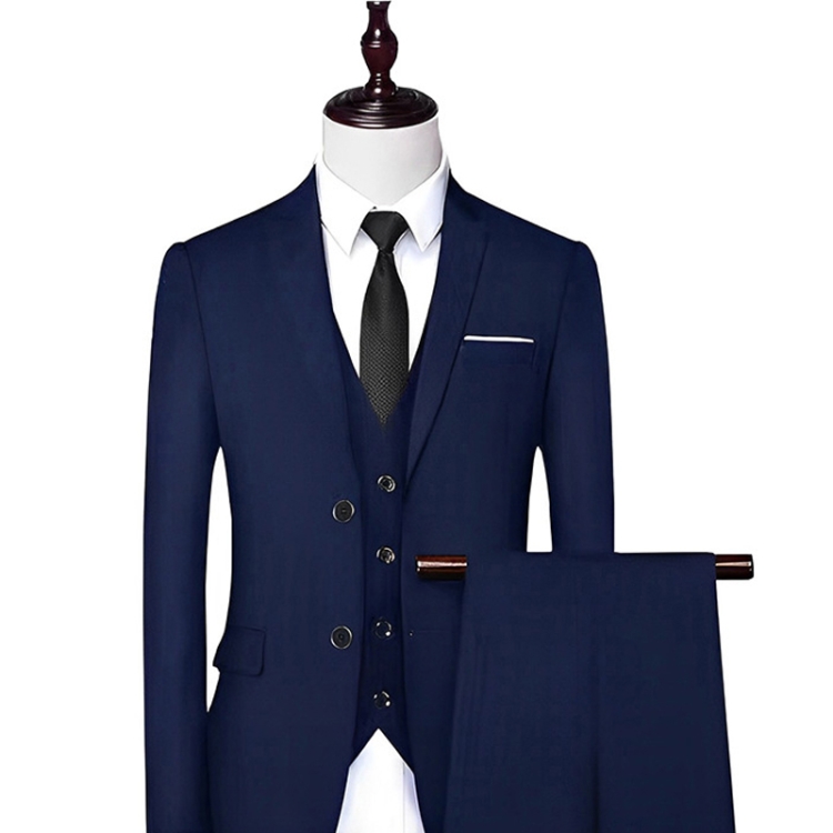 3pcs /Set Men Formal Business Suit Blazers Wedding Dress Groom Group Suits, Size: S(2 Button Navy Jacket+Vest+Pants)