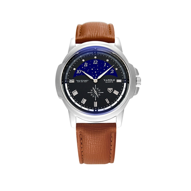 407 YAZOLE Men Fashion Business Leather Band Quartz Wrist Watch(Brown + White)