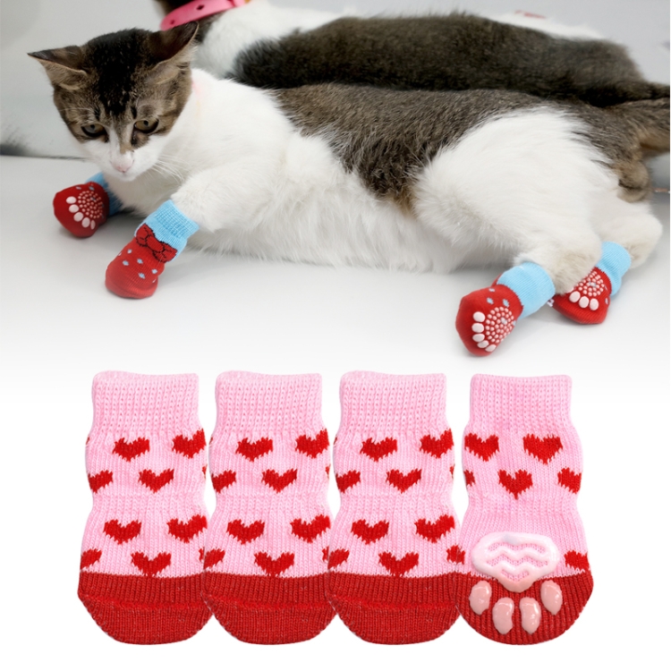4pcs /Set Pet Dog Puppy Cat Shoes Slippers Non-Slip Socks Pet Cute Indoor for Small Dogs Cats Snow Boots Socks, Size:M(Light Red)
