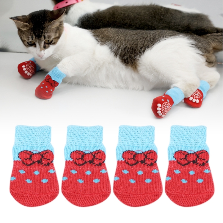 4pcs /Set Pet Dog Puppy Cat Shoes Slippers Non-Slip Socks Pet Cute Indoor for Small Dogs Cats Snow Boots Socks, Size:S(Red)