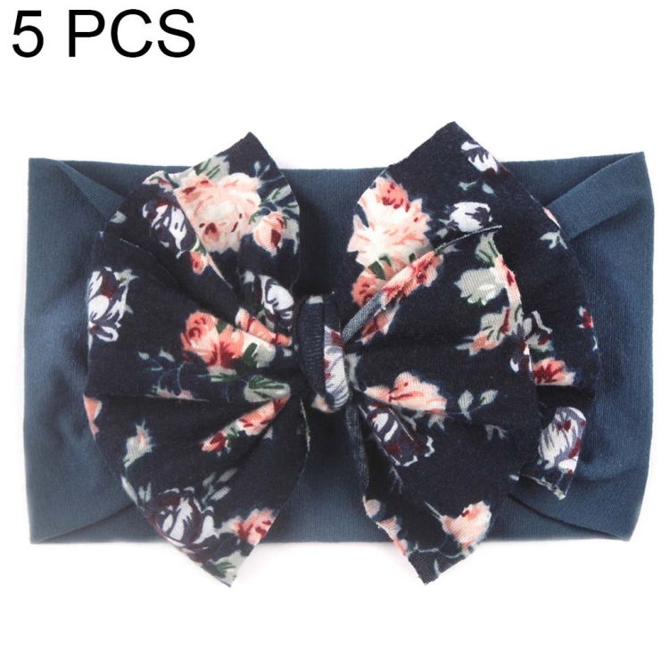 5 PCS X-20103 Baby Elastic Turban Bohemian Children Bow Nylon Hairbands(Dark Blue)
