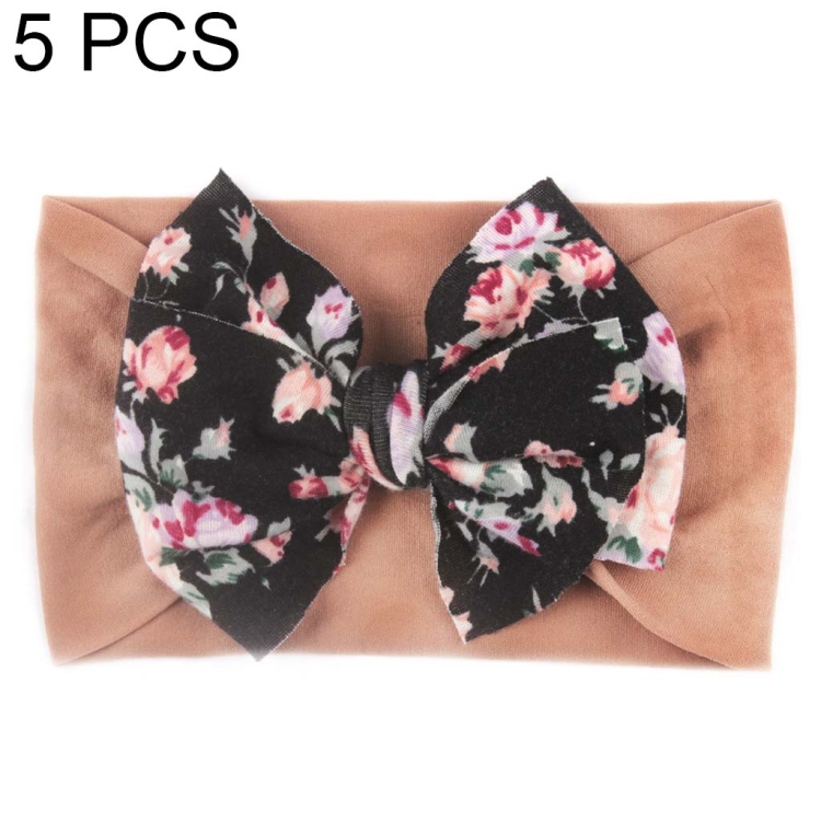 5 PCS X-20103 Baby Elastic Turban Bohemian Children Bow Nylon Hairbands(Light Coffee)