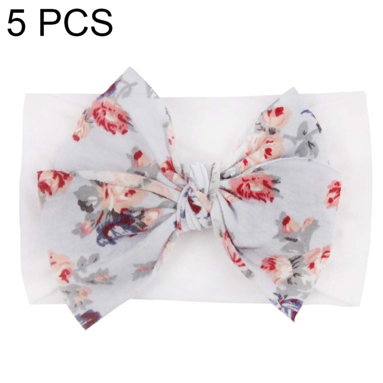 5 PCS X-20103 Baby Elastic Turban Bohemian Children Bow Nylon Hairbands(White)