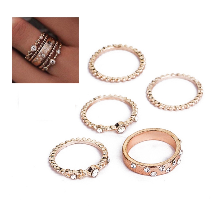 5 PCS/Set Fashion Women Rose Gold Rhinestone Elegant Rings Jewelry Set, Ring Size:9