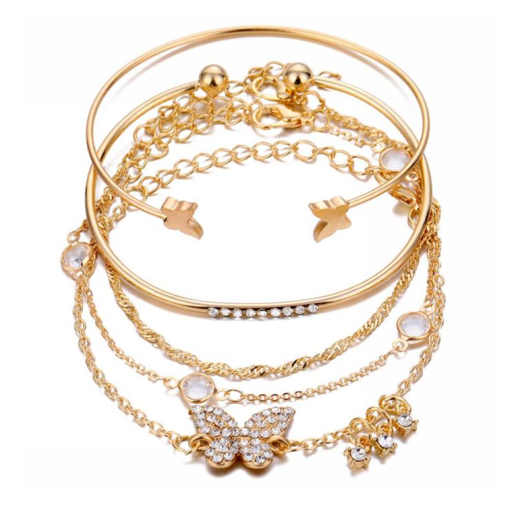5pcs /Set Bohemian Butterfly Open Cuff Diamond Crystal Bracelet(6129 Gold)