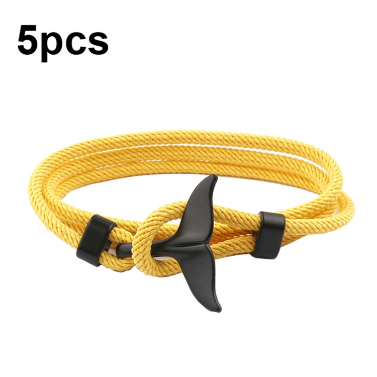 5pcs Whale Tail Braided Hand Rope Double Live Buckle Adjustable Bracelet(Yellow)