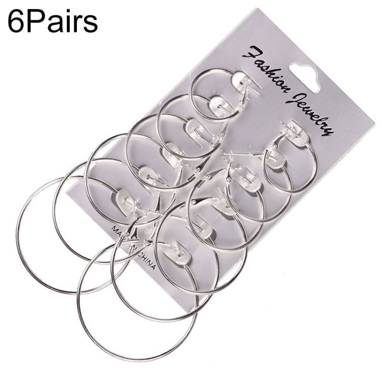 6 Pairs/Set Women Steampunk Fashion Circle Hoop Earrings(Silver)