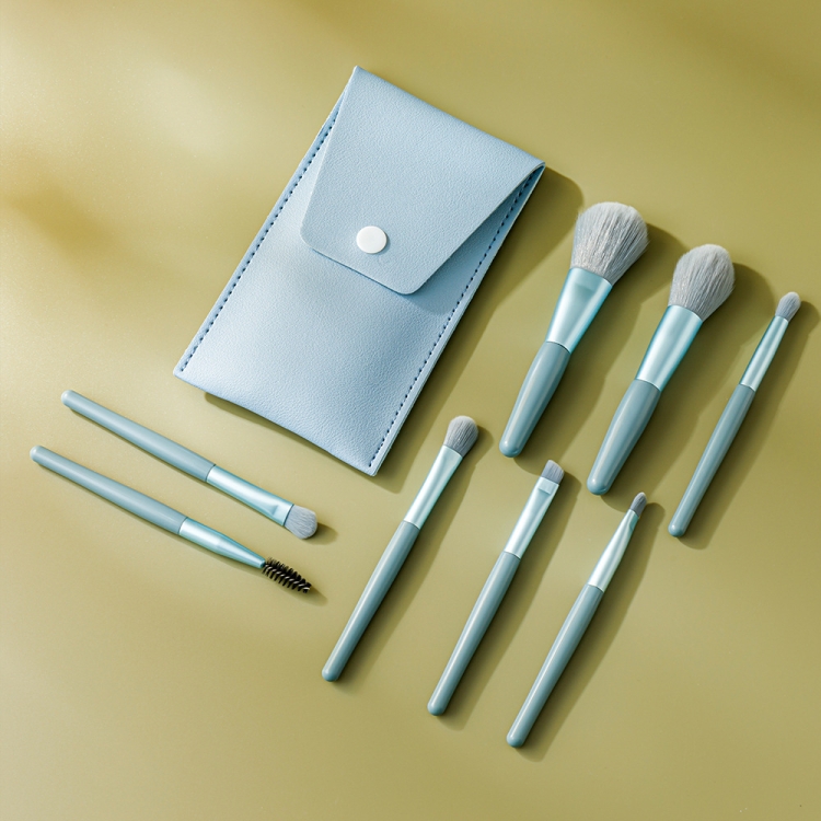 8-in-1 Mini Wooden Handle Makeup Brush Set Portable Loose Powder Brush(Haze Blue)