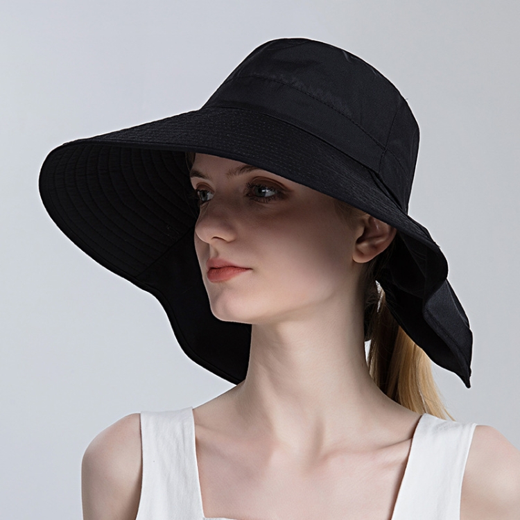 8112 Ladies Sunshade Large Brim Ponytail Bucket Hat(Black)