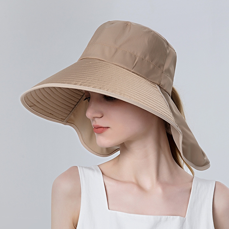 8112 Ladies Sunshade Large Brim Ponytail Bucket Hat(Khaki)
