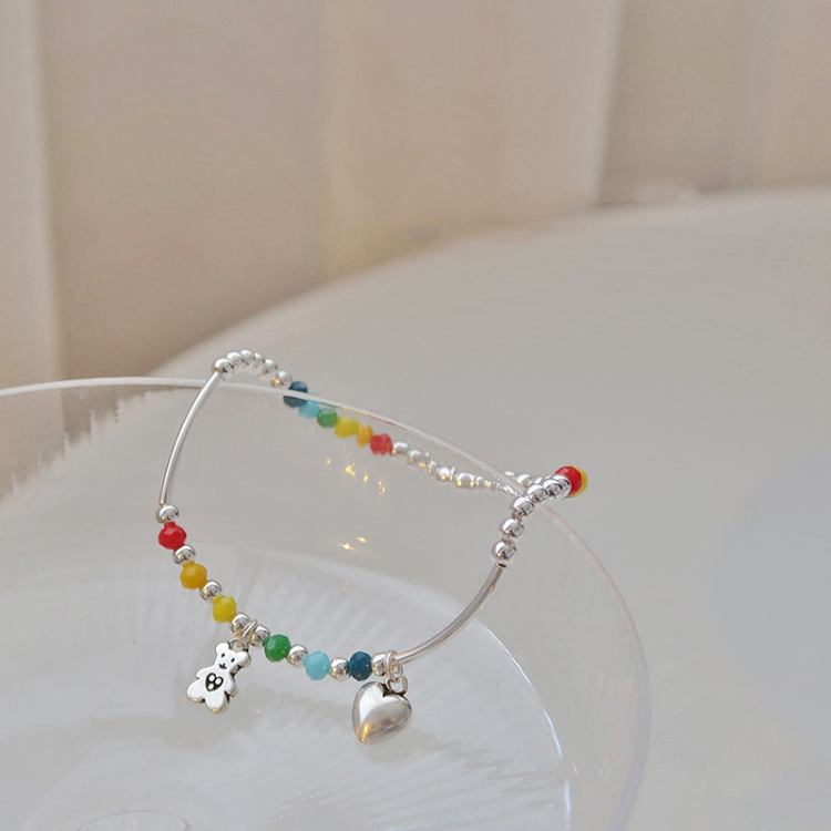 925 Silver Plated Rainbow Smile Beaded Bracelet Ladies Jewelry, Color: Bear Heart