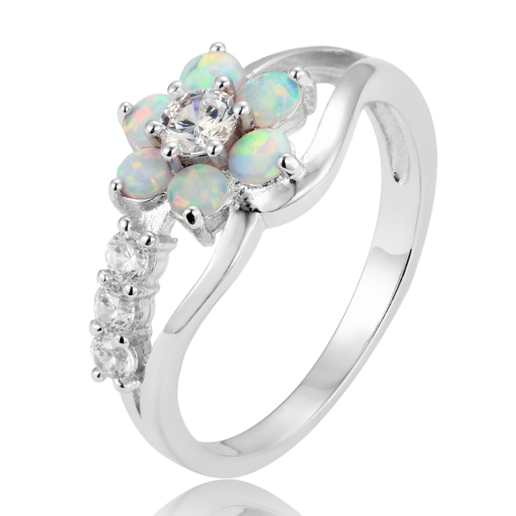 925 Silver Women Opal Flower Ring Jewelry, Ring Size:9(White)