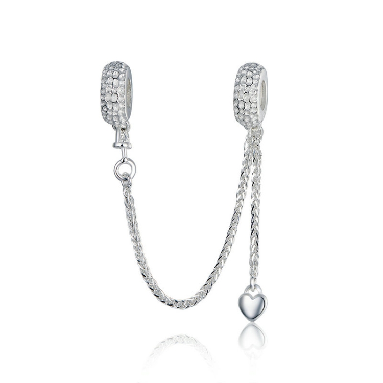 925 Sterling Silver Love Heart Safety Chain Charms Stopper Pendant Women Bracelets DIY Jewelry