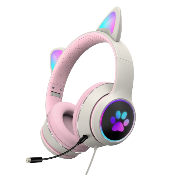 AKZ-022 USB + 3.5mm Port Cat Ear Design Foldable LED Headset with Mic(Grey)