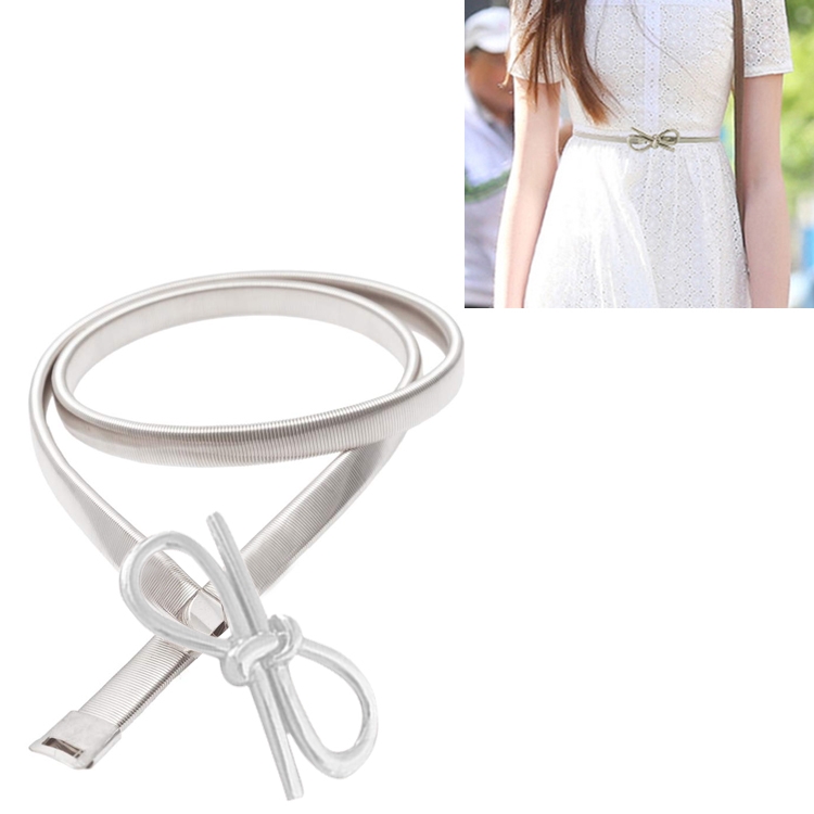All-metal Material Bow-knot Shape Buckled Elastic Fine Belt for Women, Length: 70cm(Silver)