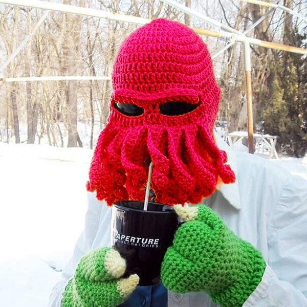 Amurleopard Unisex Barbarian Knit Beanie Octopus Tentacle Cap Winter Warm Face Mask Crochet Hat(Red)