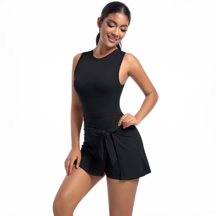 Anti-Exposure Tennis Skirt Bodysuit Breathable Fitness Yoga Wear, Size: M(Black)