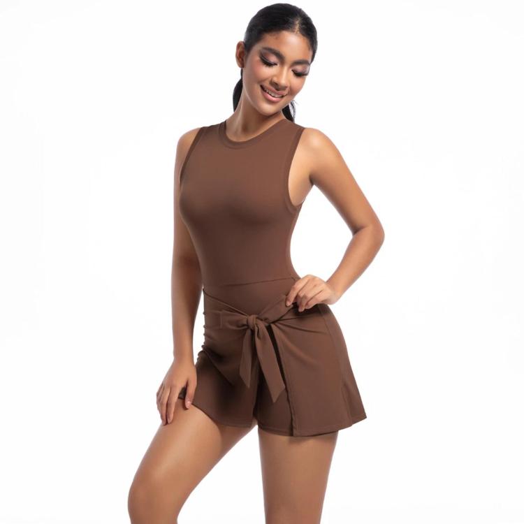 Anti-Exposure Tennis Skirt Bodysuit Breathable Fitness Yoga Wear, Size: XL(Chestnut)