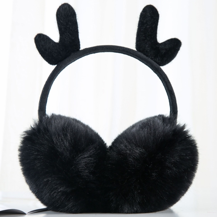 Antler Plush Earmuffs Winter Warm Fashion Retractable Ear Warmer One Size(Black)