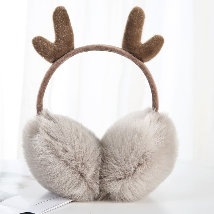 Antler Plush Earmuffs Winter Warm Fashion Retractable Ear Warmer One Size(Khaki)