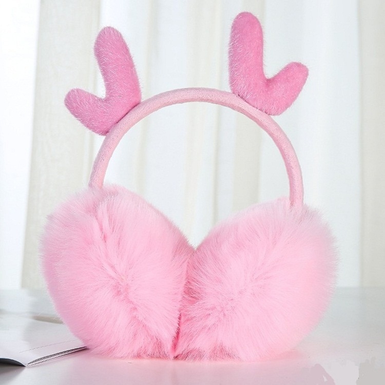 Antler Plush Earmuffs Winter Warm Fashion Retractable Ear Warmer One Size(Pink)