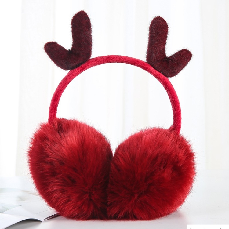 Antler Plush Earmuffs Winter Warm Fashion Retractable Ear Warmer One Size(Wine Red)