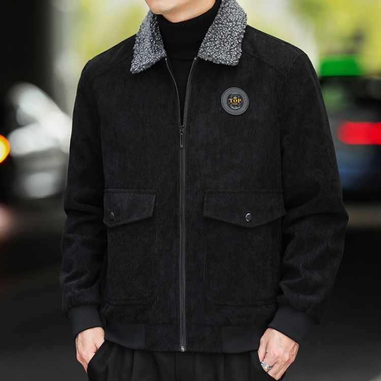 Autumn and Winter Casual Jacket Vintage Corduroy Lapel Coat, Color: Black Plush(5XL)
