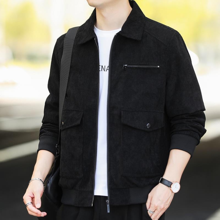 Autumn and Winter Casual Jacket Vintage Corduroy Lapel Coat, Color: Black(2XL)