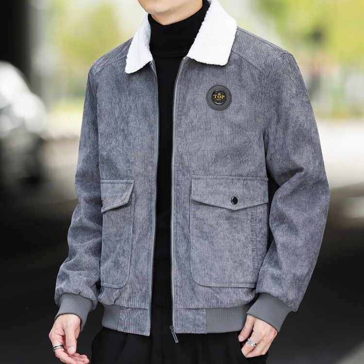 Autumn and Winter Casual Jacket Vintage Corduroy Lapel Coat, Color: Gray Plush(4XL)