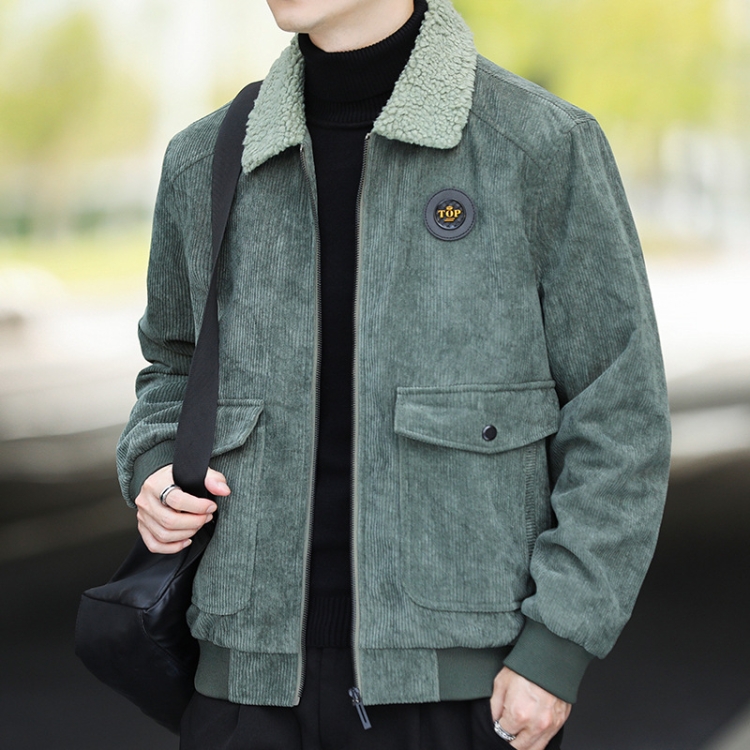 Autumn and Winter Casual Jacket Vintage Corduroy Lapel Coat, Color: Green Plush(4XL)