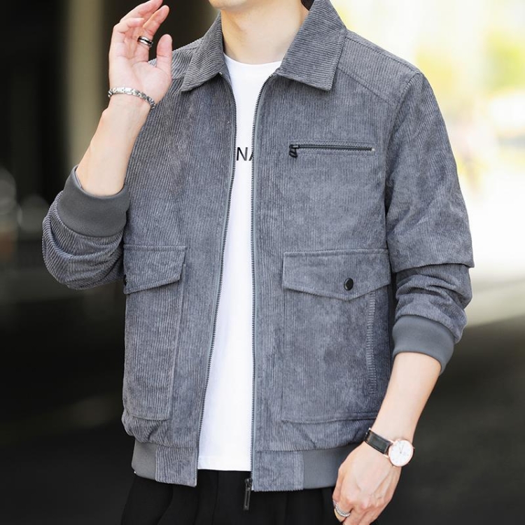 Autumn and Winter Casual Jacket Vintage Corduroy Lapel Coat, Color: Grey(3XL)