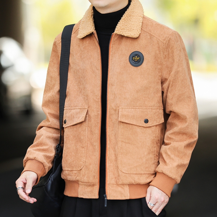 Autumn and Winter Casual Jacket Vintage Corduroy Lapel Coat, Color: Yellow Plush(4XL)