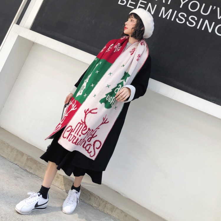 Autumn and Winter Christmas Pattern Knitted Warm All-Match Shawl Scarf(I05 Beige)
