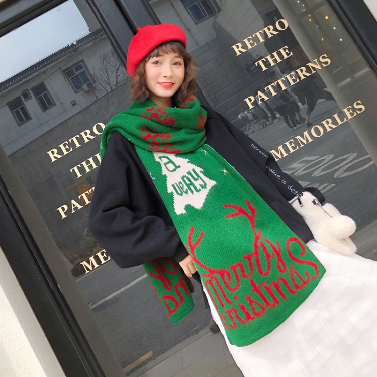 Autumn and Winter Christmas Pattern Knitted Warm All-Match Shawl Scarf(I05 Dark Green)