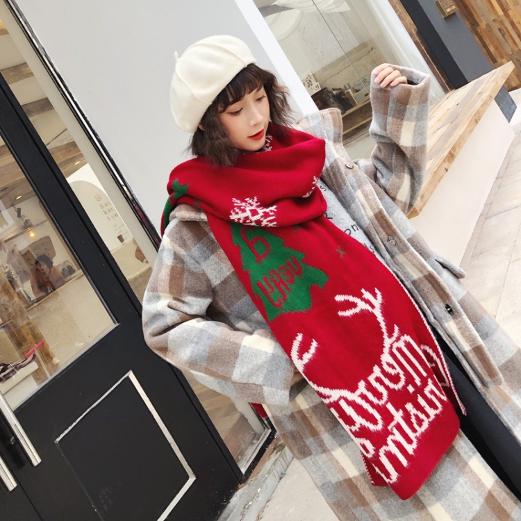 Autumn and Winter Christmas Pattern Knitted Warm All-Match Shawl Scarf(I05 Wine Red)