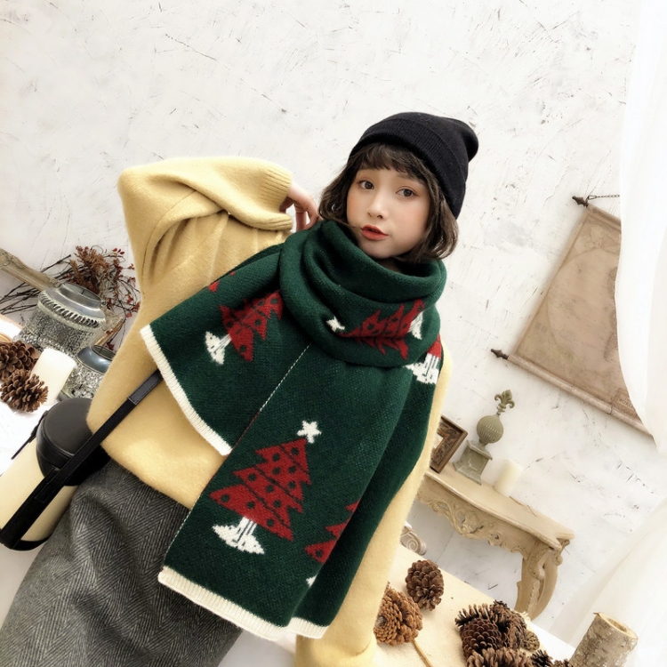 Autumn and Winter Christmas Pattern Knitted Warm All-Match Shawl Scarf(N41 Dark Green)