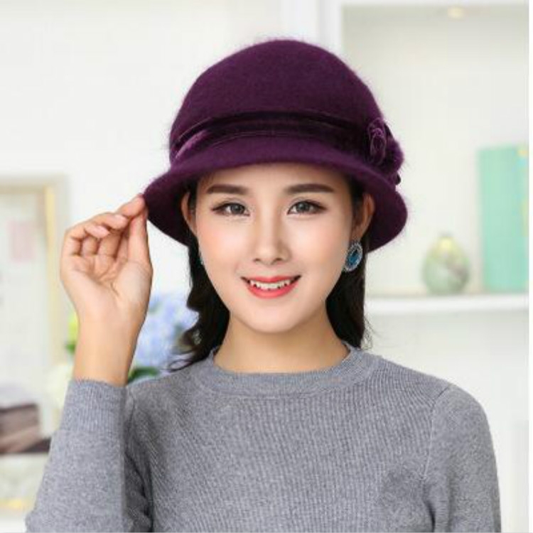 Autumn and Winter Elderly People Knitted Rabbit Fur Warm Hat Bucket Cap(Purple)