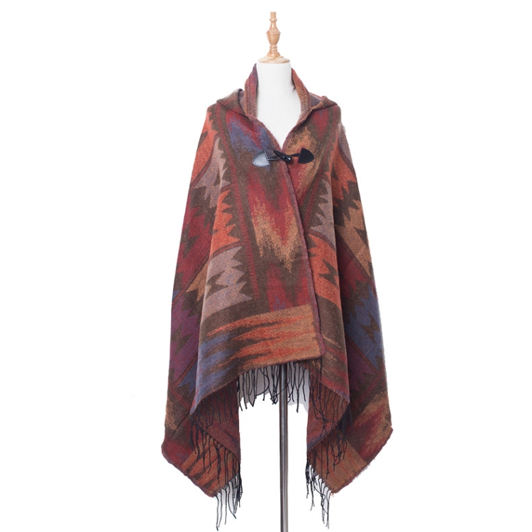 Autumn And Winter Horn Buckle Ethnic Style Hooded Cloak Shawl Bohemian Hooded Shawl, Size:135-175cm(B Style Brown)