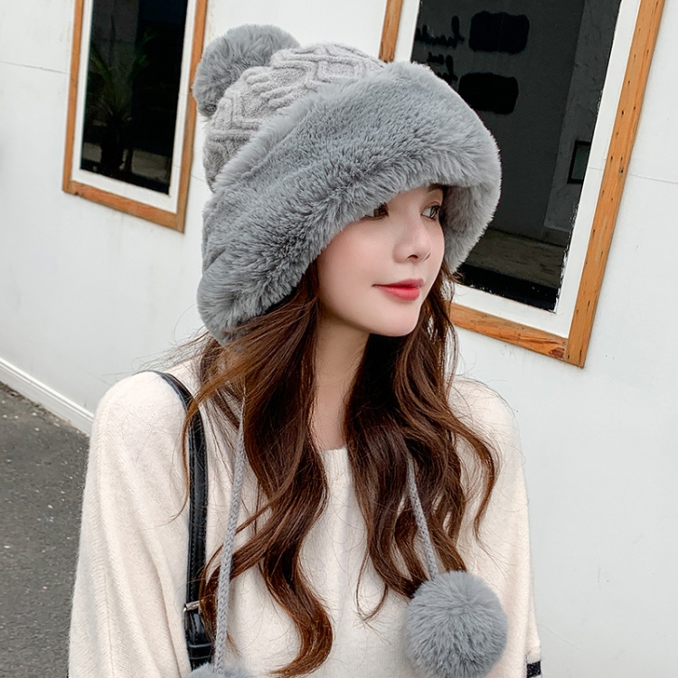 Autumn and Winter Ladies Cotton and Cashmere Skullcap Three Fur Balls Cute Plus Velvet Thickening Pure Color Knitted Hat, Size: Free Size(Gray)