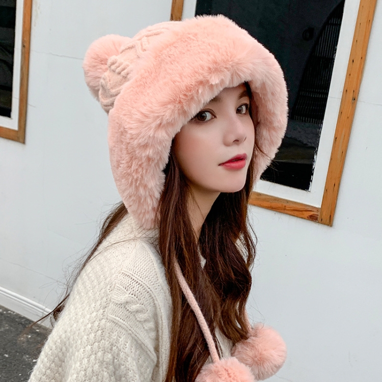 Autumn and Winter Ladies Cotton and Cashmere Skullcap Three Fur Balls Cute Plus Velvet Thickening Pure Color Knitted Hat, Size: Free Size(Pink)
