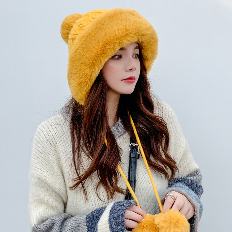 Autumn and Winter Ladies Cotton and Cashmere Skullcap Three Fur Balls Cute Plus Velvet Thickening Pure Color Knitted Hat, Size: Free Size(Turmeric)