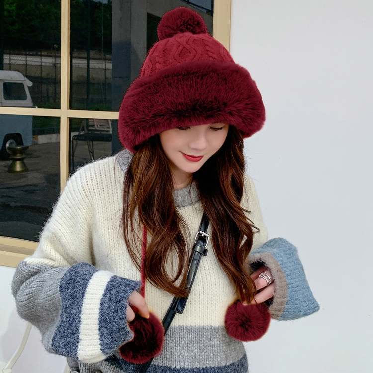 Autumn and Winter Ladies Cotton and Cashmere Skullcap Three Fur Balls Cute Plus Velvet Thickening Pure Color Knitted Hat, Size: Free Size(Wine Red)