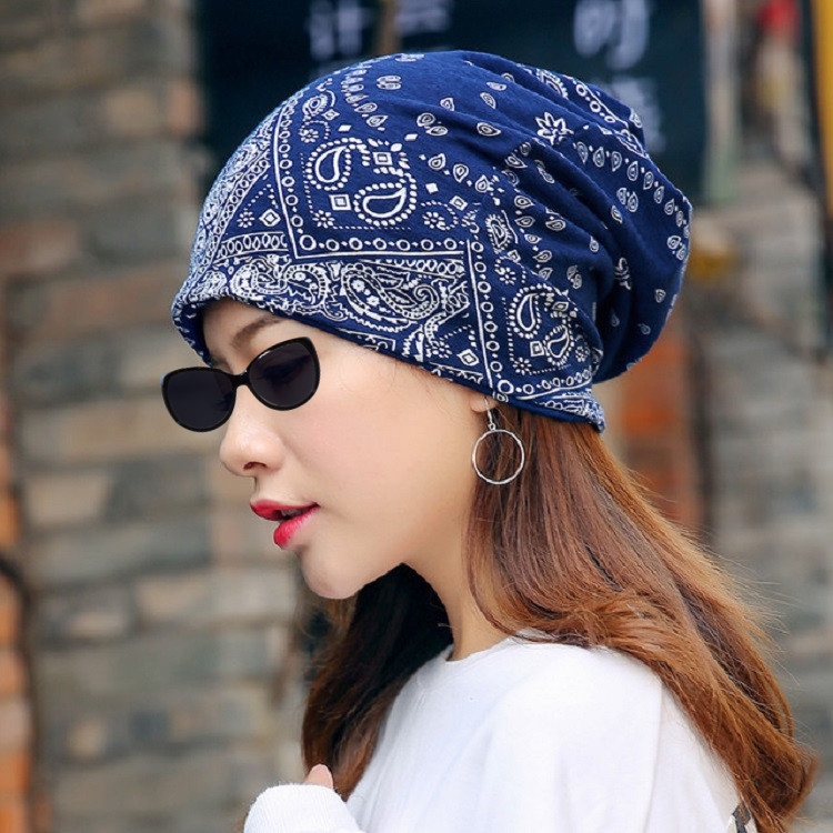 Autumn and Winter Ladies Cotton Flower Print Hat Windproof Warm Beanie, Size:50-60cm(Cashew Flower Navy)