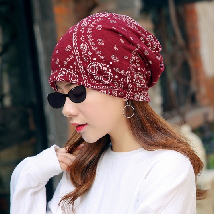 Autumn and Winter Ladies Cotton Flower Print Hat Windproof Warm Beanie, Size:50-60cm(Cashew Flower Red Wine)
